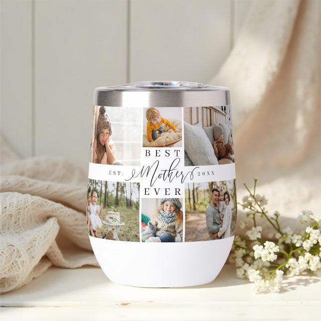 La mejor madre guiñando el Collage de fotos del Dí (Best Mother Ever Script Mother's Day Photo Collage Thermal Wine Tumbler)