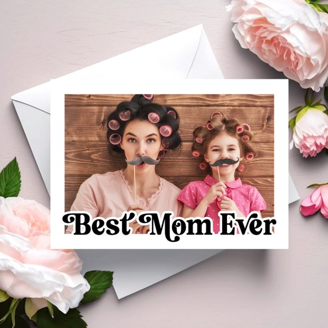 La mejor tarjeta de foto retro de mamá del día de  (Best Mom Ever Retro Photo Floral Mother's Day Card)