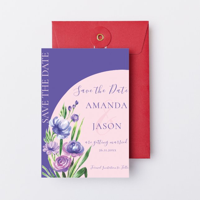 La moderna boda de Rubor con flores moradas salva  (Purple Floral Blush Elegant Wedding Save the Date Invitation)