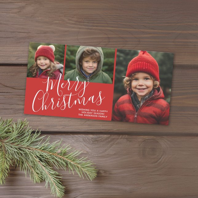 La moderna foto de Feliz Navidad 3 puede cambiar e (Add 3 photos to this classic photo card with a Christmas script font.)