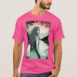 la mujer y la camiseta psicodélica del lago