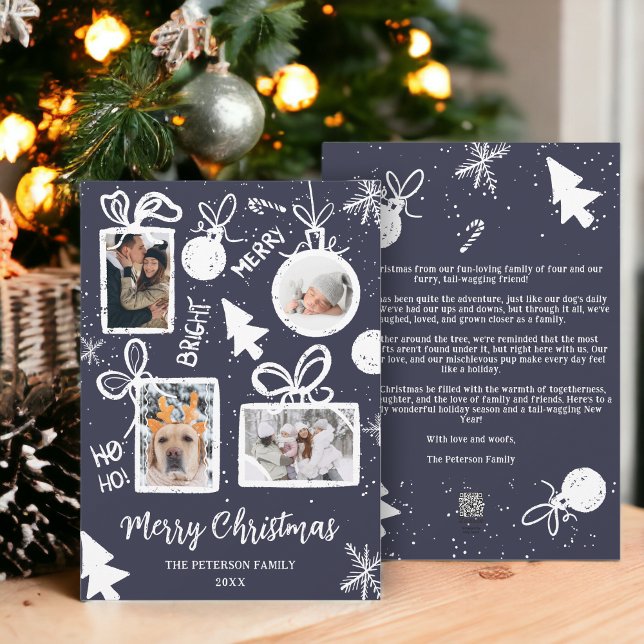 La Navidad alegre moderna presenta diversión azul  (Modern merry Christmas presents blue fun 4 photos Holiday Card)