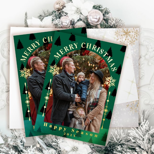 La nieve del árbol de navidad de Feliz Flave Foto  (Merry Christmas Tree Snow Flakes Green Photo Foil Greeting Card)