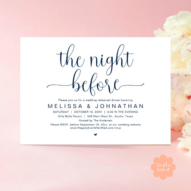 La noche anterior, el Boda ensayó la invitación a  (The Night Before, Wedding Rehearsal Dinner Romantic Party Invitation Card Heart PDF navy Blue)
