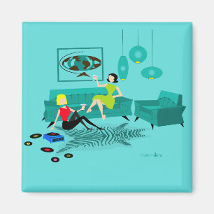 La noche del chica retro en imán cuadrado