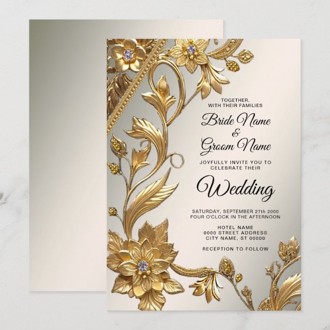 La ola dorada deja la invitación a la boda floral (Anverso / Reverso)