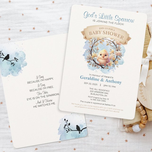 La pequeña invitación de Dios a Baby Shower (Adorable gender neutral sparrow design faith-filled invitation with watercolor blue accents.)