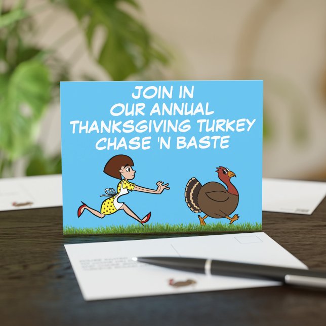 La persecución en Turquía y la tarjeta postal de F (Chasing turkeys this Thanksgiving? A fun postcard to send to invite all your friends)