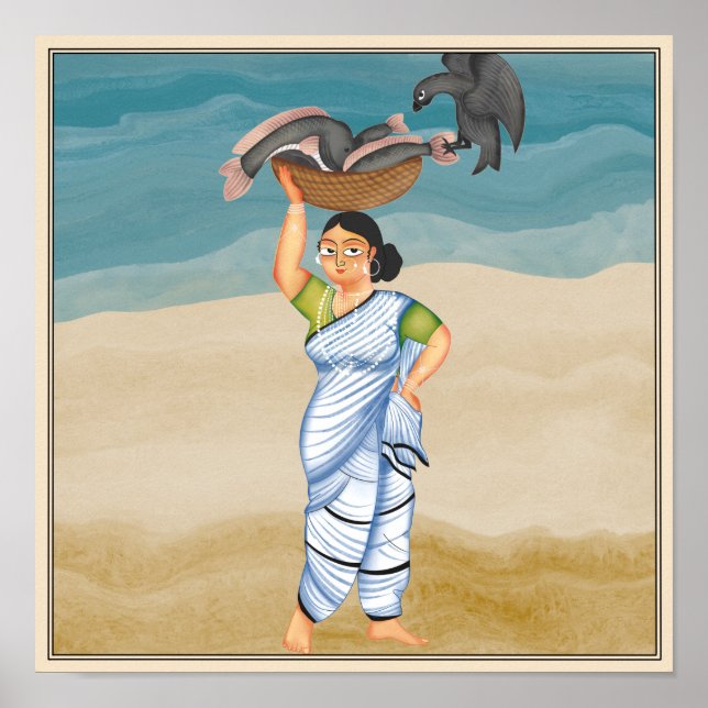 La pescadora en el arte de Kalighat de Bengala (Frente)