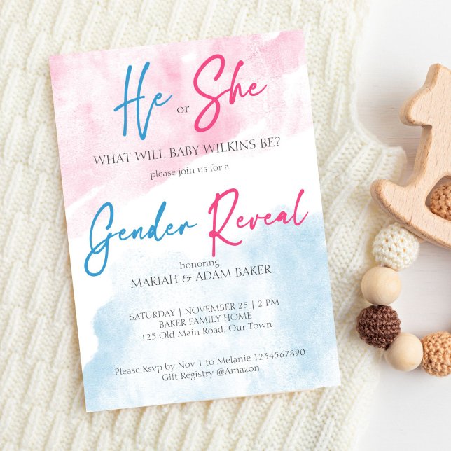 La plantilla de revelación de género rosa y azul (He or she pink and blue gender reveal template invitation digital download simple watercolor modern)