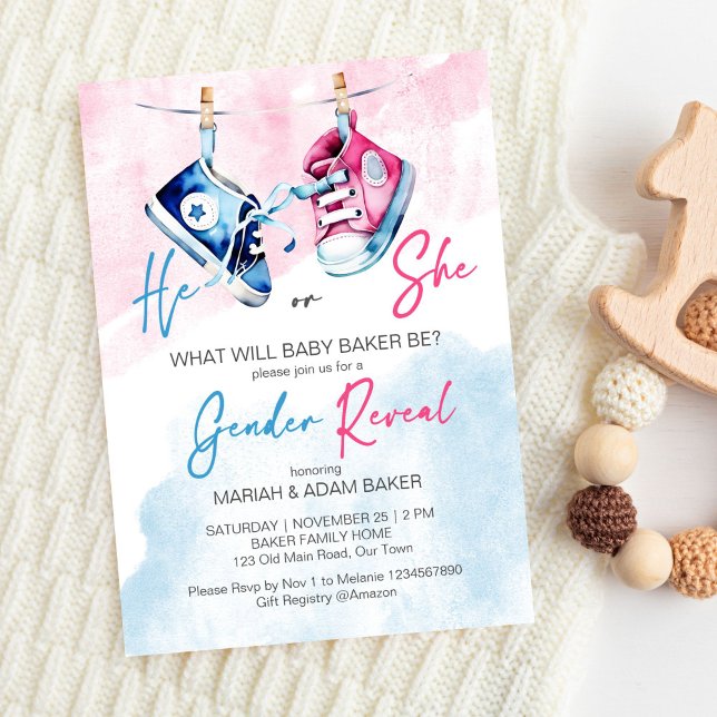 La plantilla de revelación de género rosa y azul (He or she pink and blue baby shoes gender reveal party editable template invitation digital download)