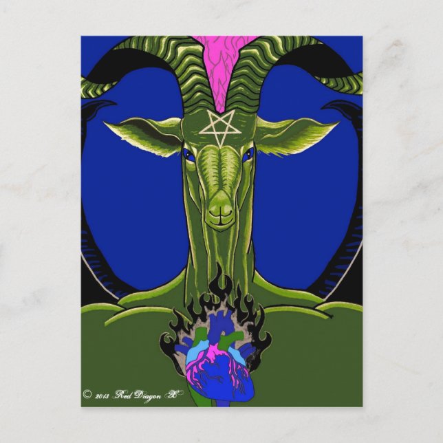 La postal del Corazón Ardiente de Satán (verde) (Anverso)