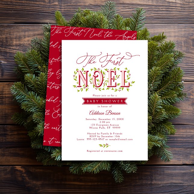 La primera invitación a Baby Shower de los Navidad (Shown on a 5" x 7" card)