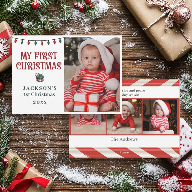 La primera Navidad del bebé Foto de bastón de cara ("My first Christmas" baby's 1st Christmas photo card)