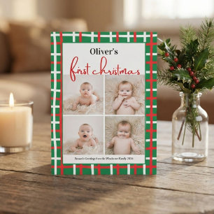 La primera Navidad del bebé Plaid verde 4 Tarjeta 