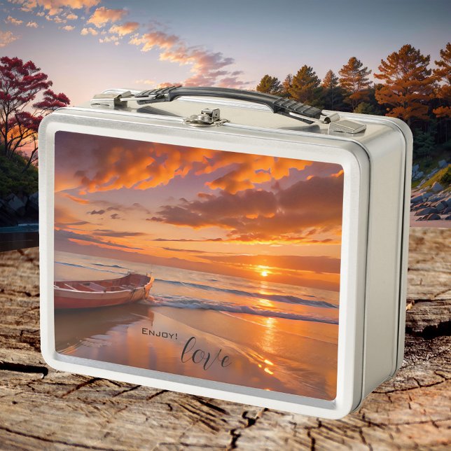La puesta de sol en la playa (Lunch Box featuring a painting of a sunset on the beach with a rowing boat)
