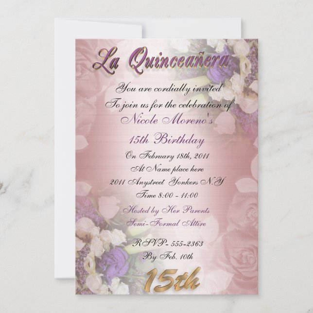La Quinceanera 15ª invitación de cumpleaños elegan (Anverso)