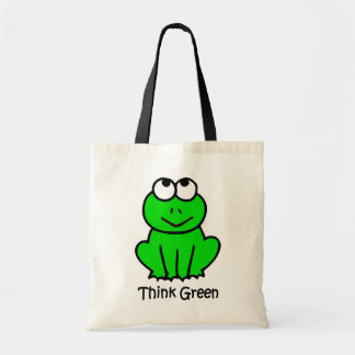 La rana linda piensa la bolsa de asas verde