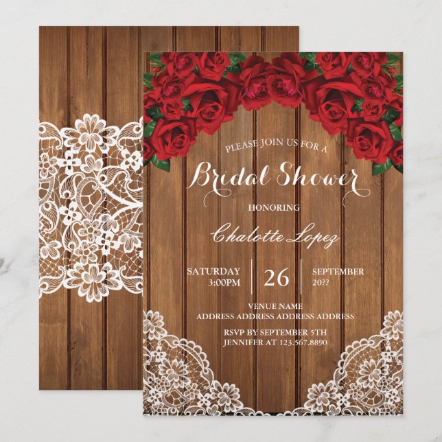 La rosa roja invitación a la ducha de novia madera (Anverso / Reverso)