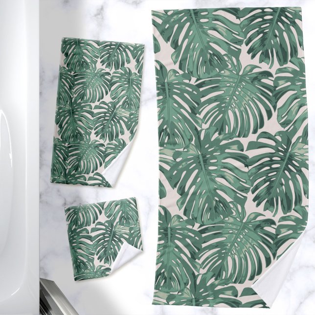 La selva tropical deja un verde pálido moderno (Pale green tropical leaf printed bath towel set)