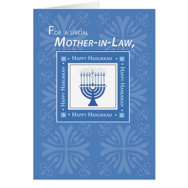 La suegra Hanukkah desea una Menorah azul (Frente)