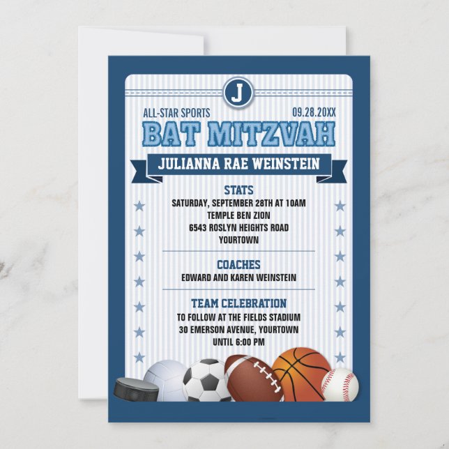 La tarjeta azul de Star Sports Bat Mitzvah (Anverso)