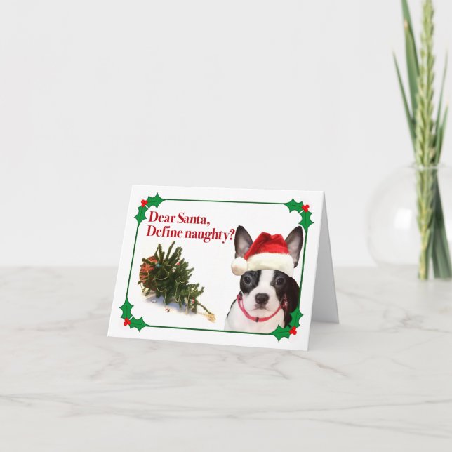 La tarjeta de Navidad del travieso Boston Terrier (Anverso)