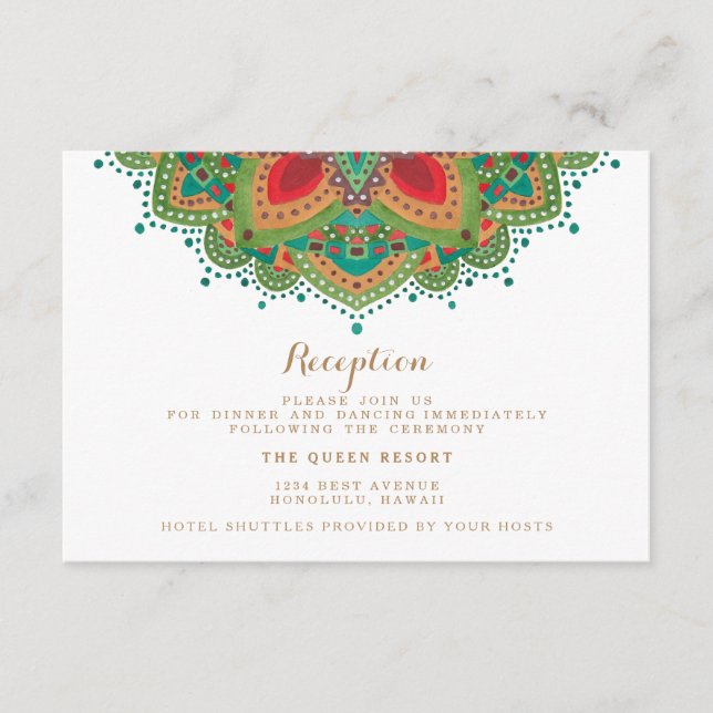La tarjeta de recepción de boda Green Mandala (Anverso)