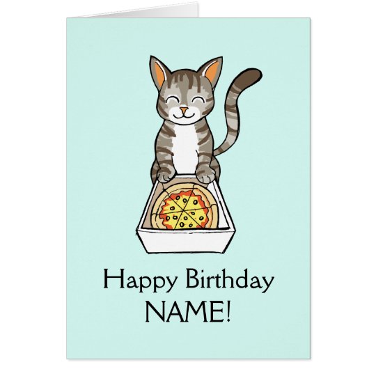 La tarjeta del gato de la pizza del feliz