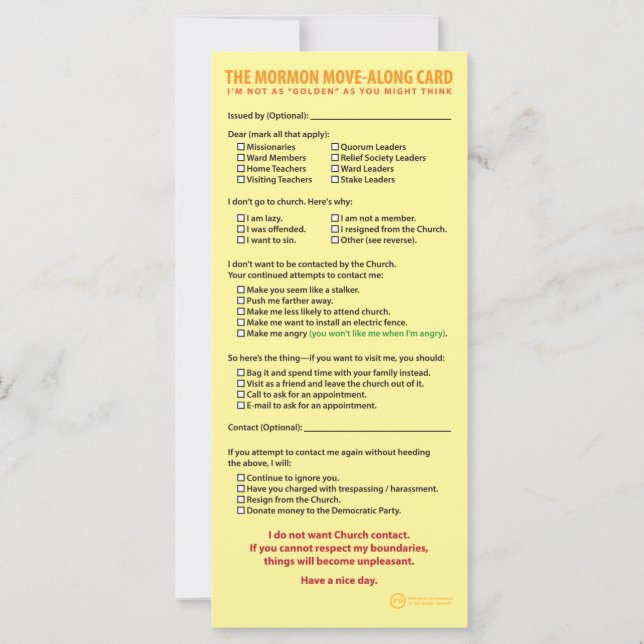 La tarjeta Mormón de movimiento (Anverso)