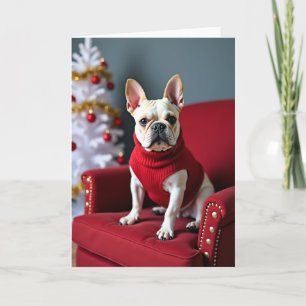 La tarjeta muestra un Bulldog Francés de color cre
