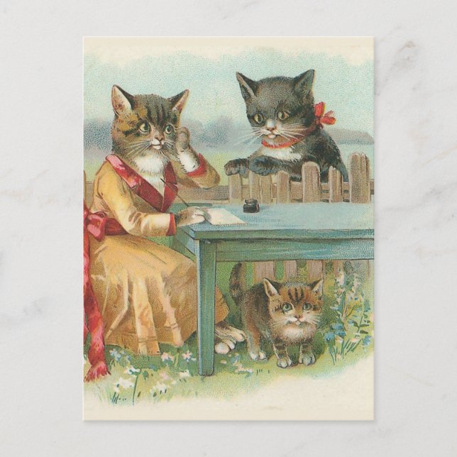 La tarjeta postal antigua "La familia del gato" (Anverso)