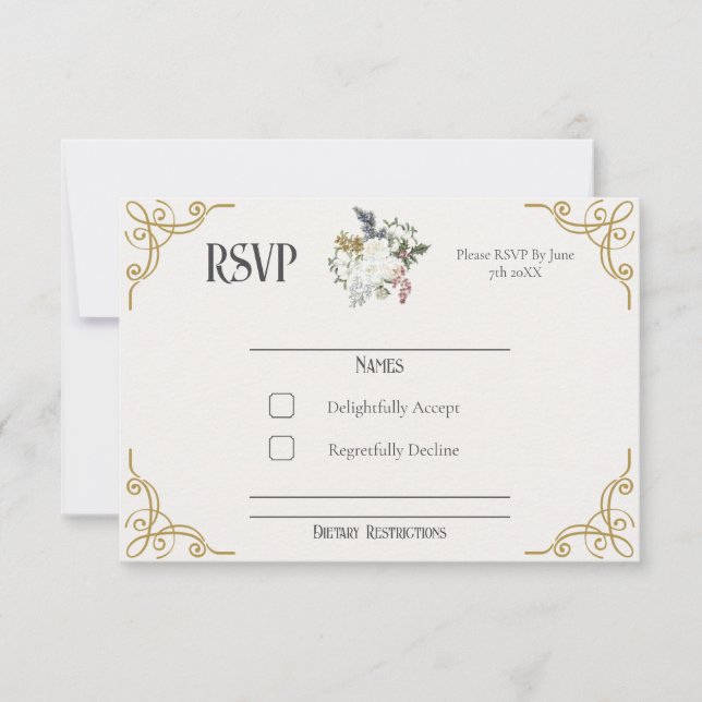 La tarjeta RSVP de la boda de jardín dorado (Anverso)