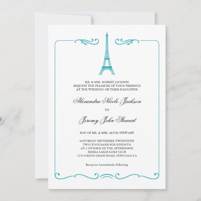 La Torre Eiffel Elegante Invitación a la Boda (Anverso)