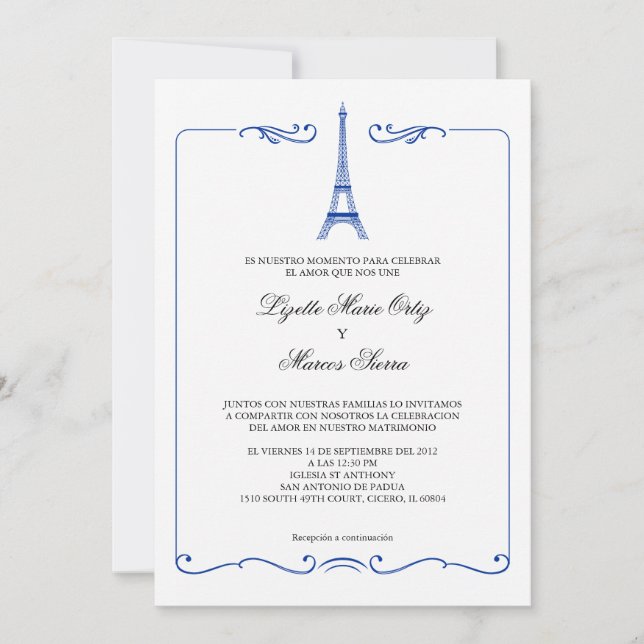 La Torre Eiffel Elegante Invitación a la Boda (Anverso)