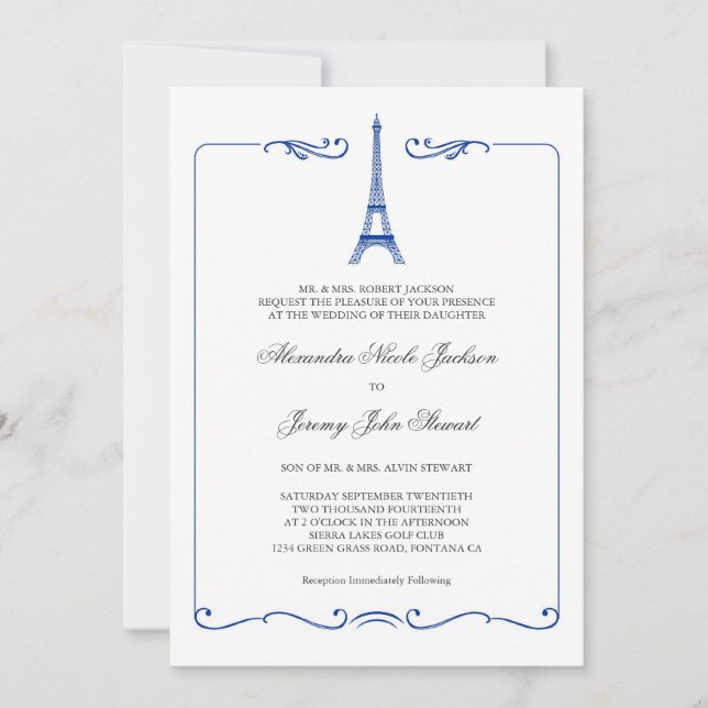 La Torre Eiffel Elegante Invitación a la Boda (Anverso)