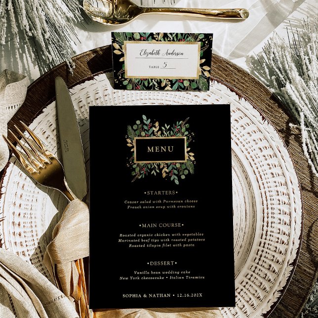 La vegetación dorada en negro | Menú Boda Navidade (A glamorous holiday wedding menu in dark black with elegant gold accents)