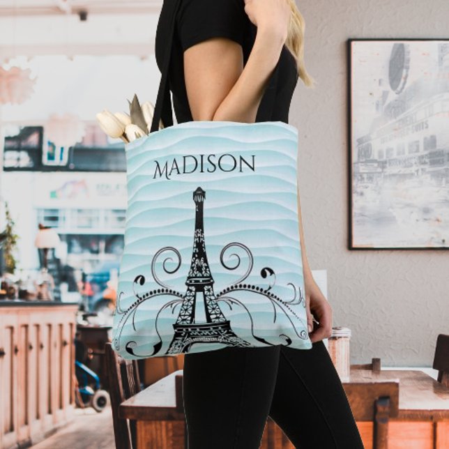 La verde azulada Torre Eiffel Florece Bolsa De Tot (Teal Eiffel Tower Flourish Tote Bag)