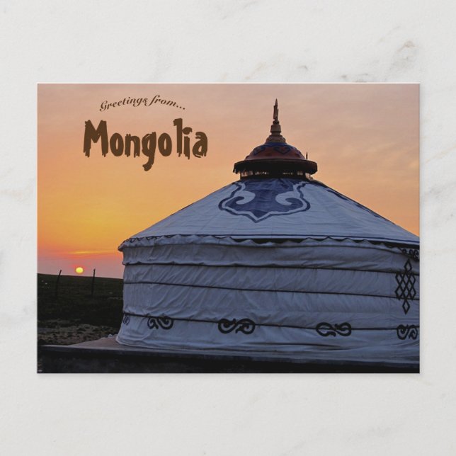 La yurta y la puesta de sol en la postal de Mongol (Anverso)