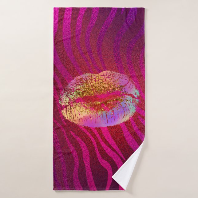 Labios Besados con Brillo Dorado Arcoíris Estampad (Toalla de baño)