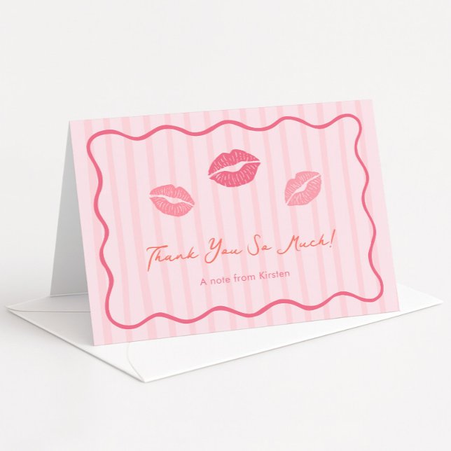 Labios Rosados Vibrantes Tarjeta de Agradecimiento (Modern Kiss The Miss Goodbye or Valentines Day theme bridal shower bachelorette thank you card)