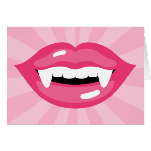 Labios sonrientes de vampiro rosa con colmillos