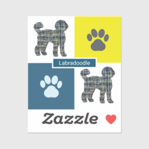 Labradoodle Dog Silhouette & Paw Y&B Grid Pegatina