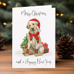 Labrador amarillo Feliz Navidad Santa Dog<br><div class="desc">Envíe saludos de navidad esta temporada navideña con esta tarjeta de vacaciones de Feliz Navidad amarilla labrador de santa perro y decoración a juego. Esta tarjeta de vacaciones de recuperación de labradores amarillos cuenta con un perro acuarela en un sombrero y árbol de santa. Personaliza con mensaje y apellido ....</div>