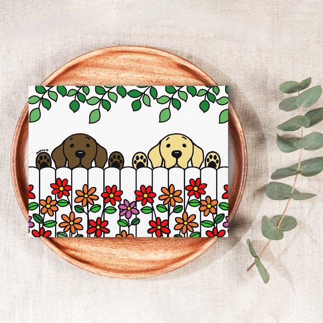 Labrador Duo mirando tu postal (Labrador Duo Watching You postcard for Labrador Owners.  Chocolate Lab and Yellow Lab Cartoon Design)