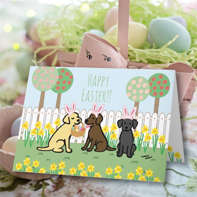 Labrador Easter Bunnies Garden Tarjeta de vacacion (Yellow Lab and Chocolate Lab and Black Lab Easter Bunnies Greeting Cards.  Cute Labrador Cartoon.)
