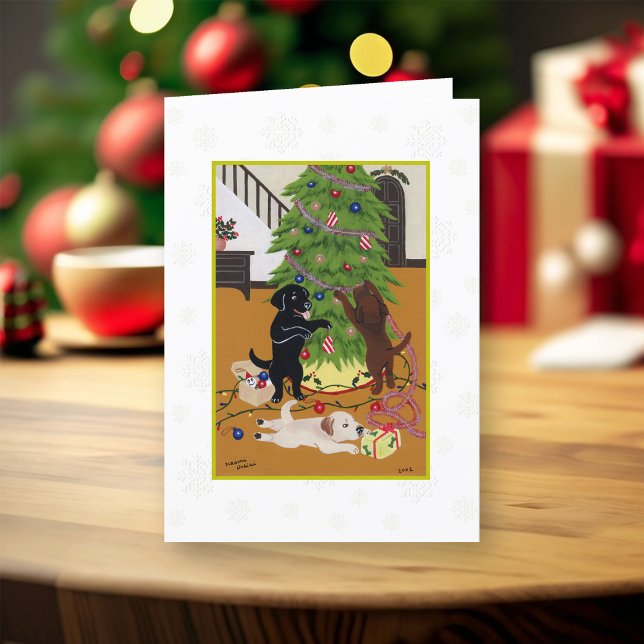 Labradores de árboles de Navidad Copos de nieve (Christmas Tree Labradors Design Christmas Cards for Labrador Owners.  Whimsical Labrador Painting.)