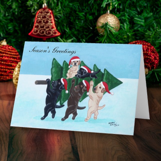 Labradores de árboles de Navidad en el campo de ni (Christmas Tree Labradors in the Snowfield Design Holiday Cards for Labrador Owners.  )