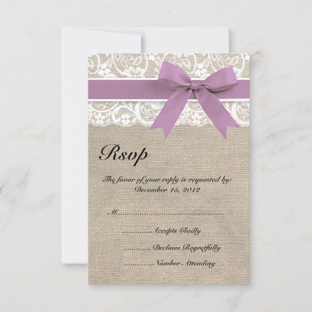 Lace and Burlap Look Olive RSVP Card Purple (Anverso)