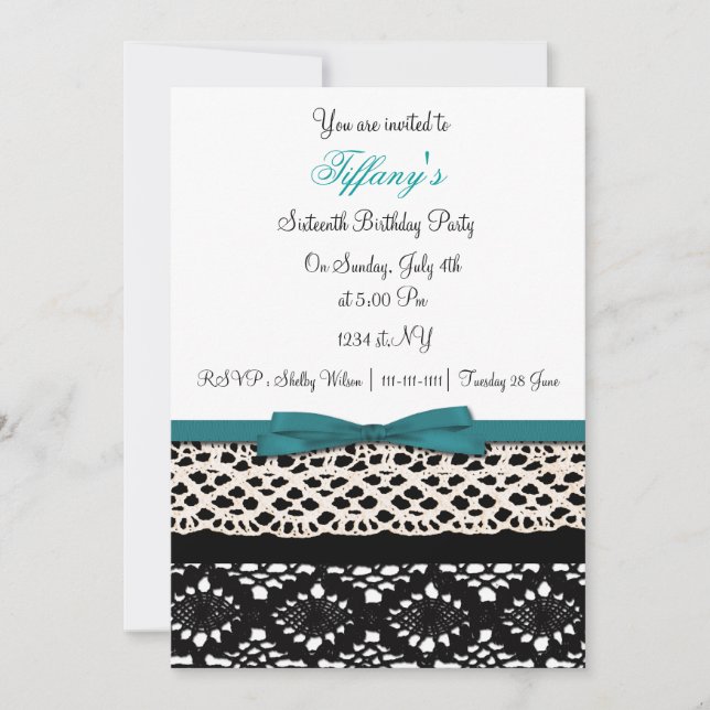 lace aqua damask Sweet 16 party Invitación (Anverso)